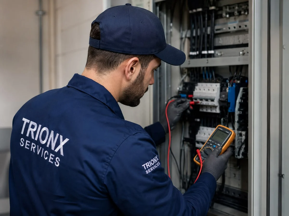 Electrician testing a commercial electrical panel