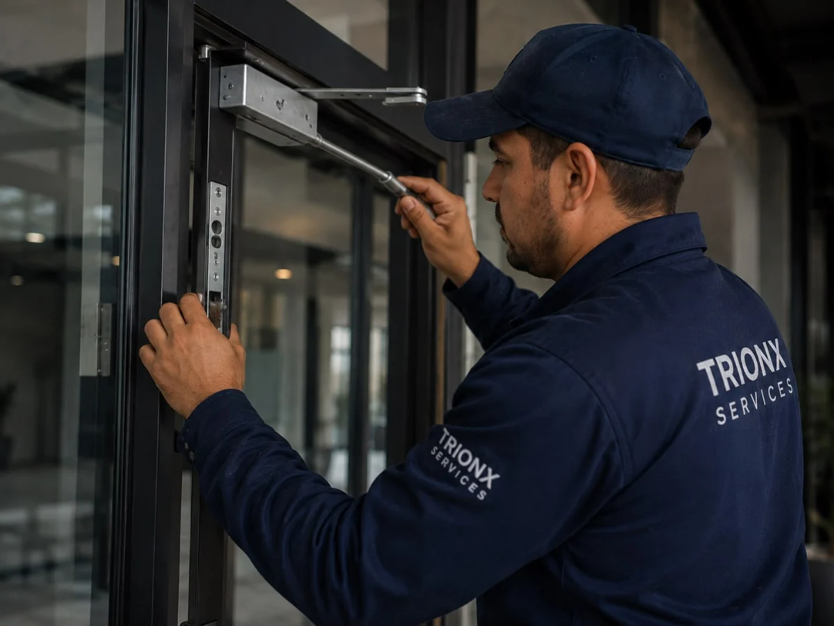 Technician adjusting commercial door hardware