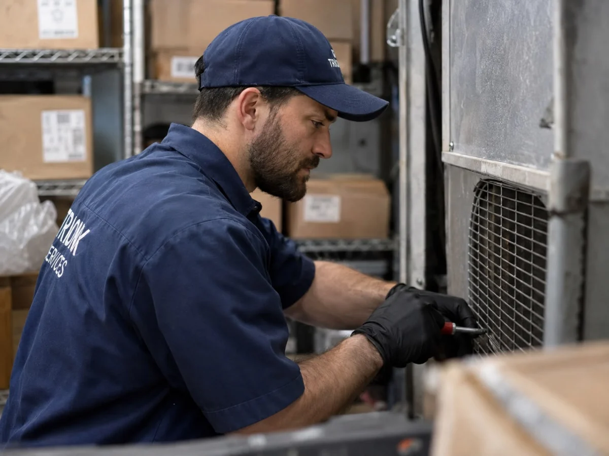 Technician servicing a walk-in cooler condenser